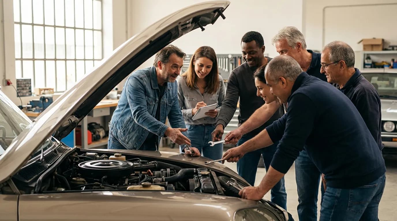 Un groupe de passionnés de voitures discutant avec animation autour du moteur d'une Citroën de collection dans un atelier lumineux, illustrant la communauté du forum.