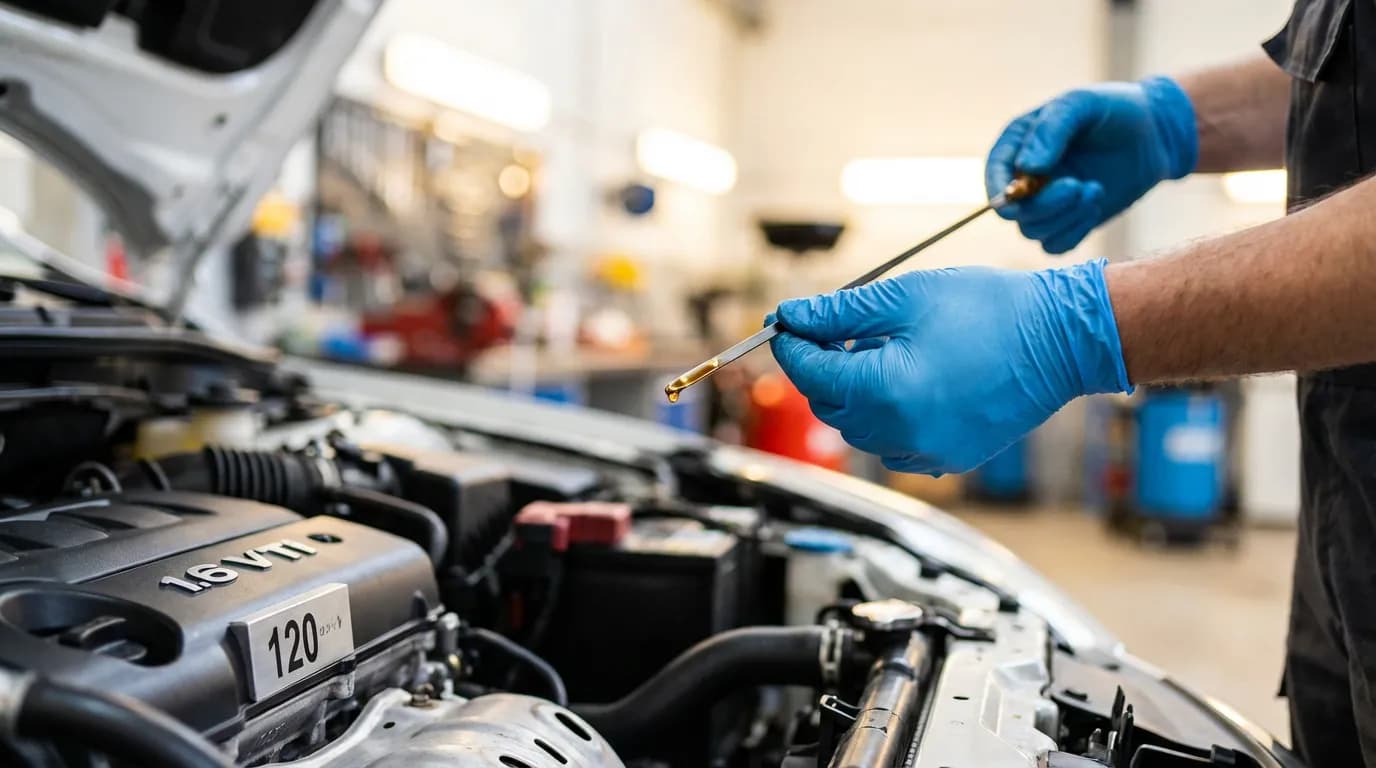 Un mécanicien vérifie le niveau d'huile sur un moteur 1.6 VTi 120, une étape cruciale de l'entretien pour assurer sa longévité.