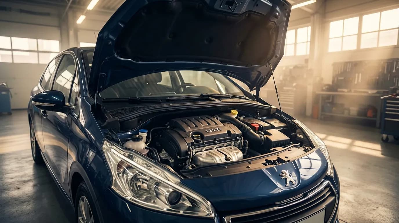 Vue cinématique et détaillée du moteur 1.2 VTi de PSA sous un capot ouvert, dans un garage automobile professionnel et éclairé de manière spectaculaire.