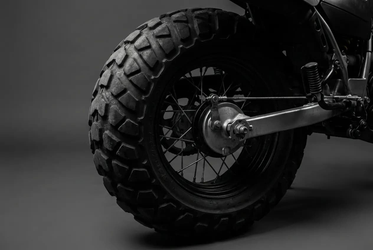 Miniature en gros plan du pneu arrière emblématique de la Yamaha TW 125, capturé en studio avec un éclairage contrasté.