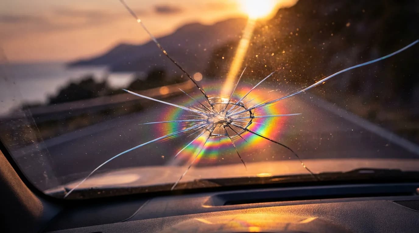 Gros plan cinématique d'un impact en étoile sur un pare-brise de voiture, avec la lumière du soleil couchant se réfractant à travers la fissure.