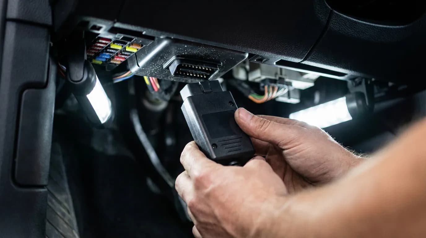 Illustration technique montrant le branchement d'un outil de diagnostic sur la prise OBD2 d'une C4 Picasso 2 pour une intervention sur le système Start and Stop.