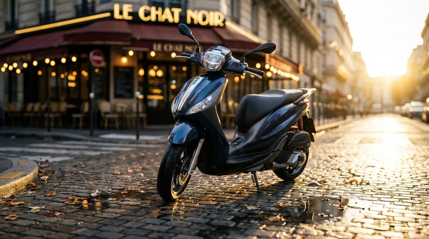 Un scooter Baotian élégant garé dans une rue parisienne au lever du soleil, symbolisant l'analyse et l'avis sur la marque en France.