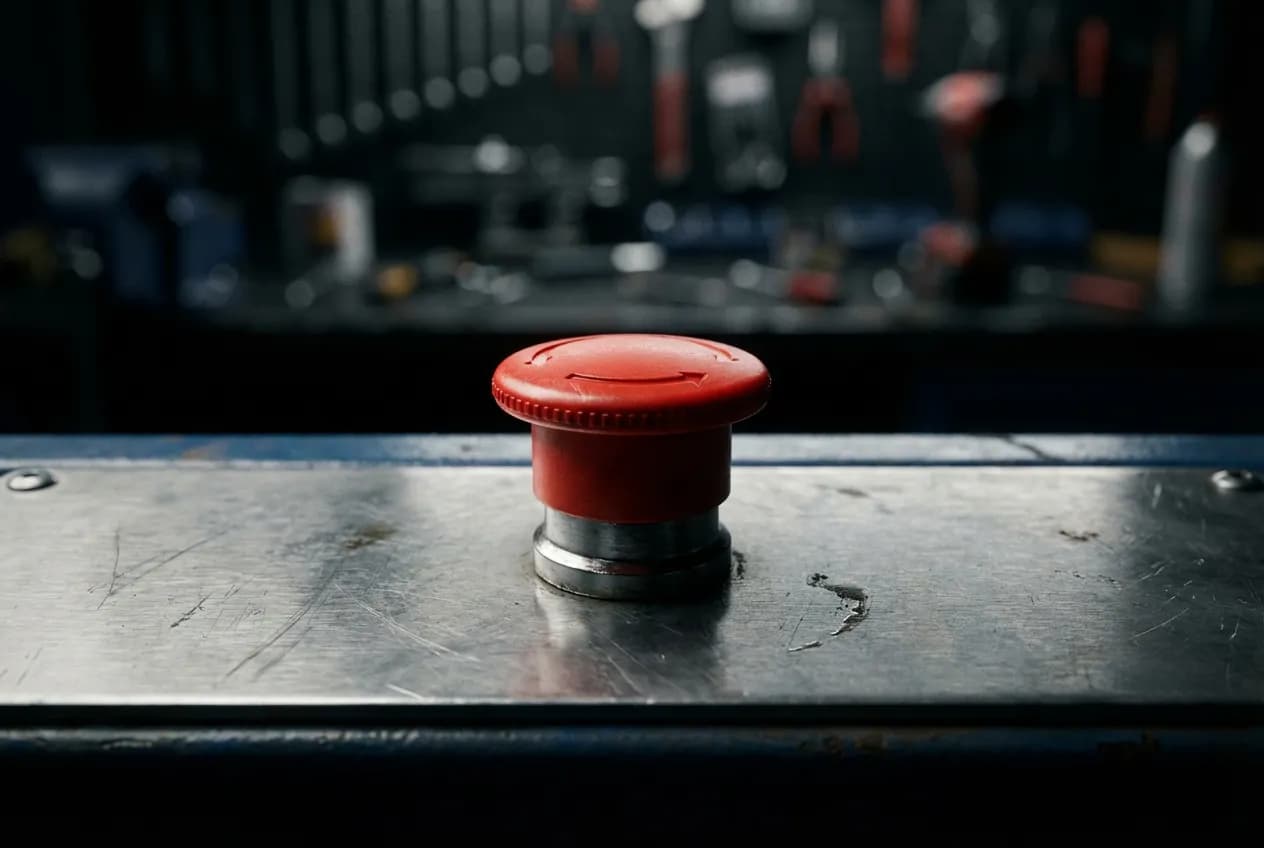 Gros plan sur le boîtier de commande d'un pont élévateur Priscar, mettant en avant le bouton d'arrêt d'urgence rouge.