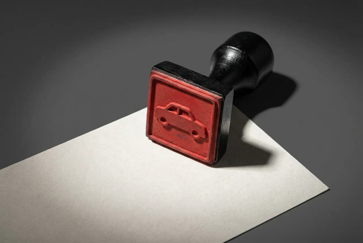 Un tampon rouge avec un symbole de voiture sur un document, illustrant l'aspect légal et la validation du contrôle technique.
