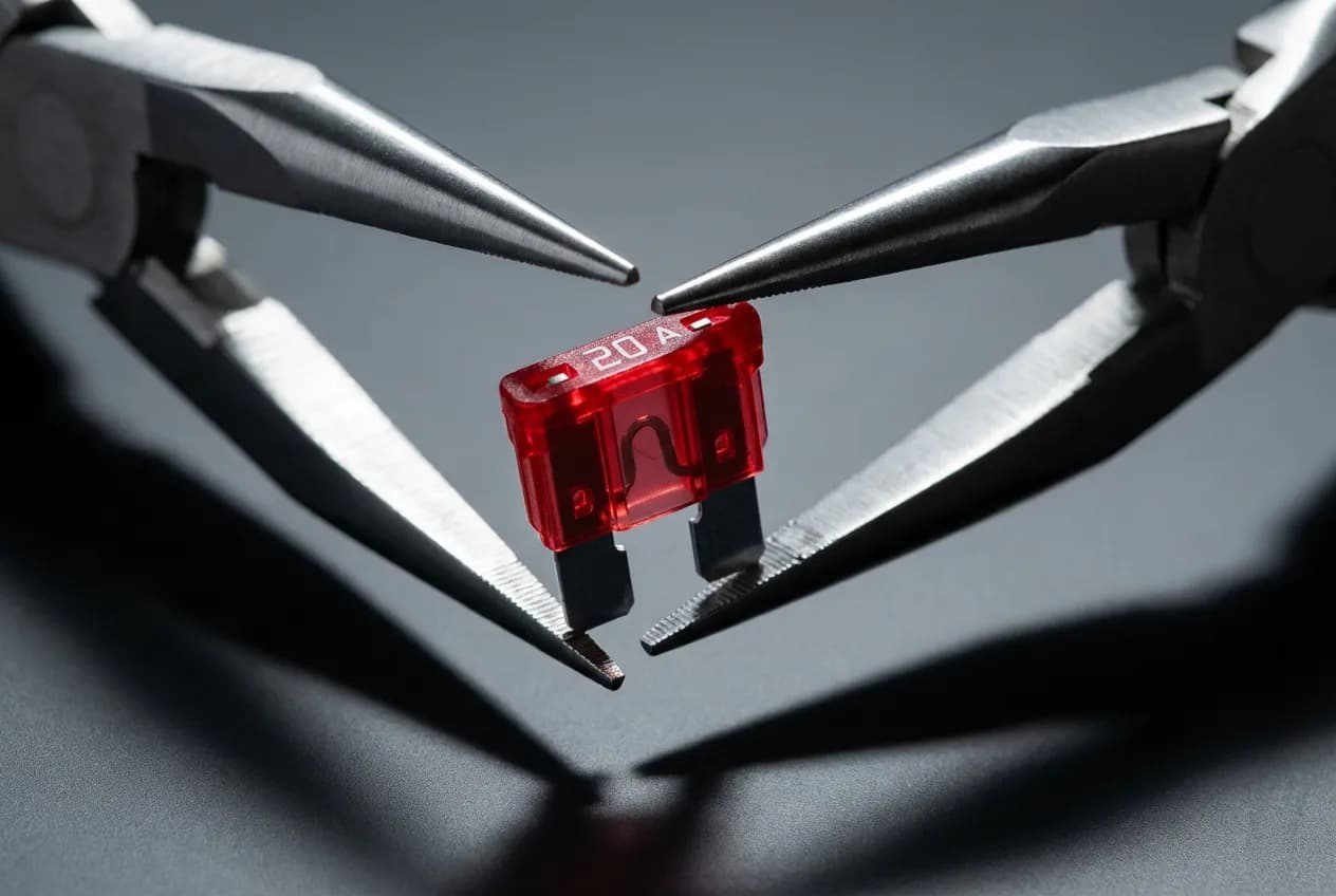 Gros plan macro d'un fusible d'essuie-glace rouge pour Clio 3, tenu avec une pince sur fond sombre.