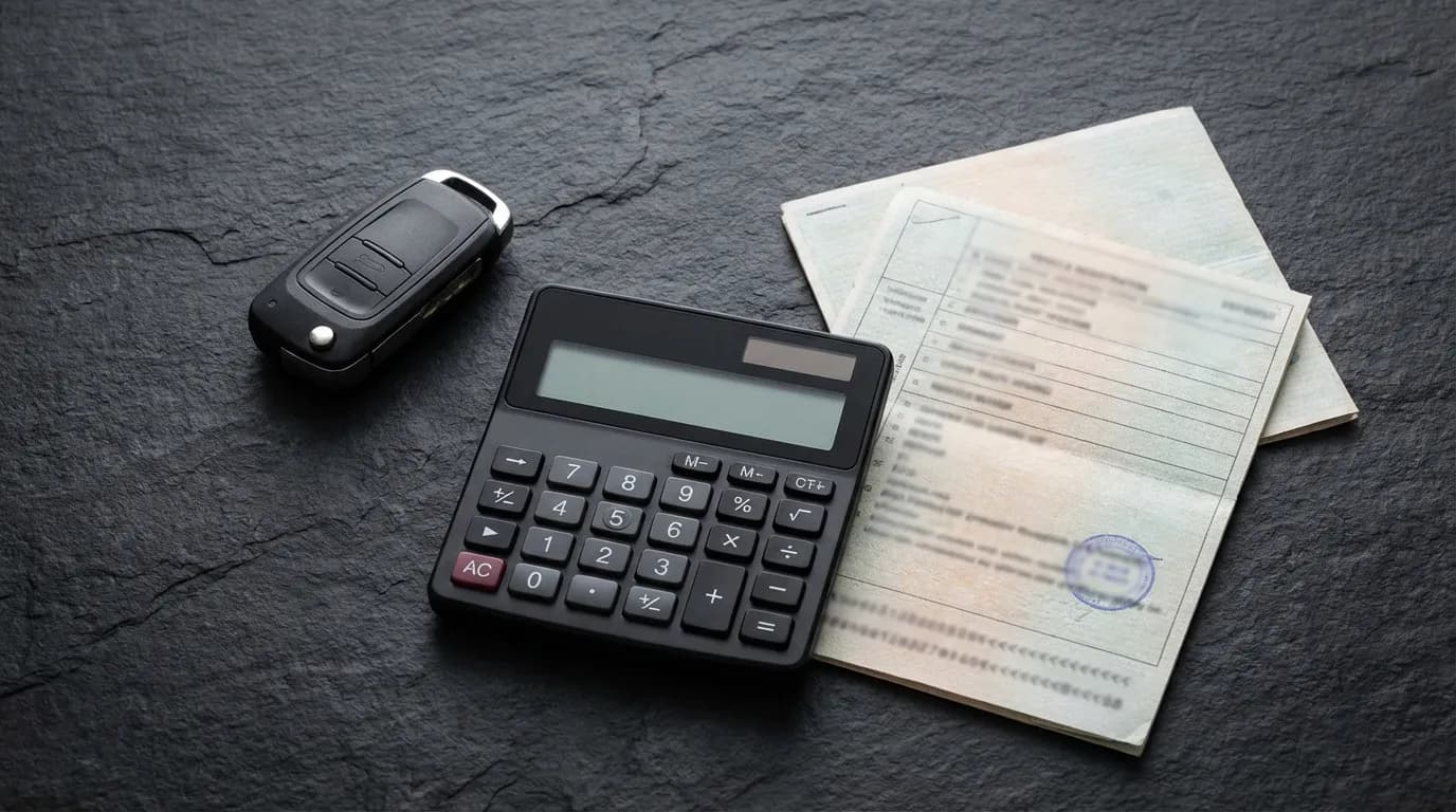 Composition d'une clé de voiture, d'une calculatrice et d'un document administratif, illustrant l'impact du calcul des chevaux fiscaux sur le budget.