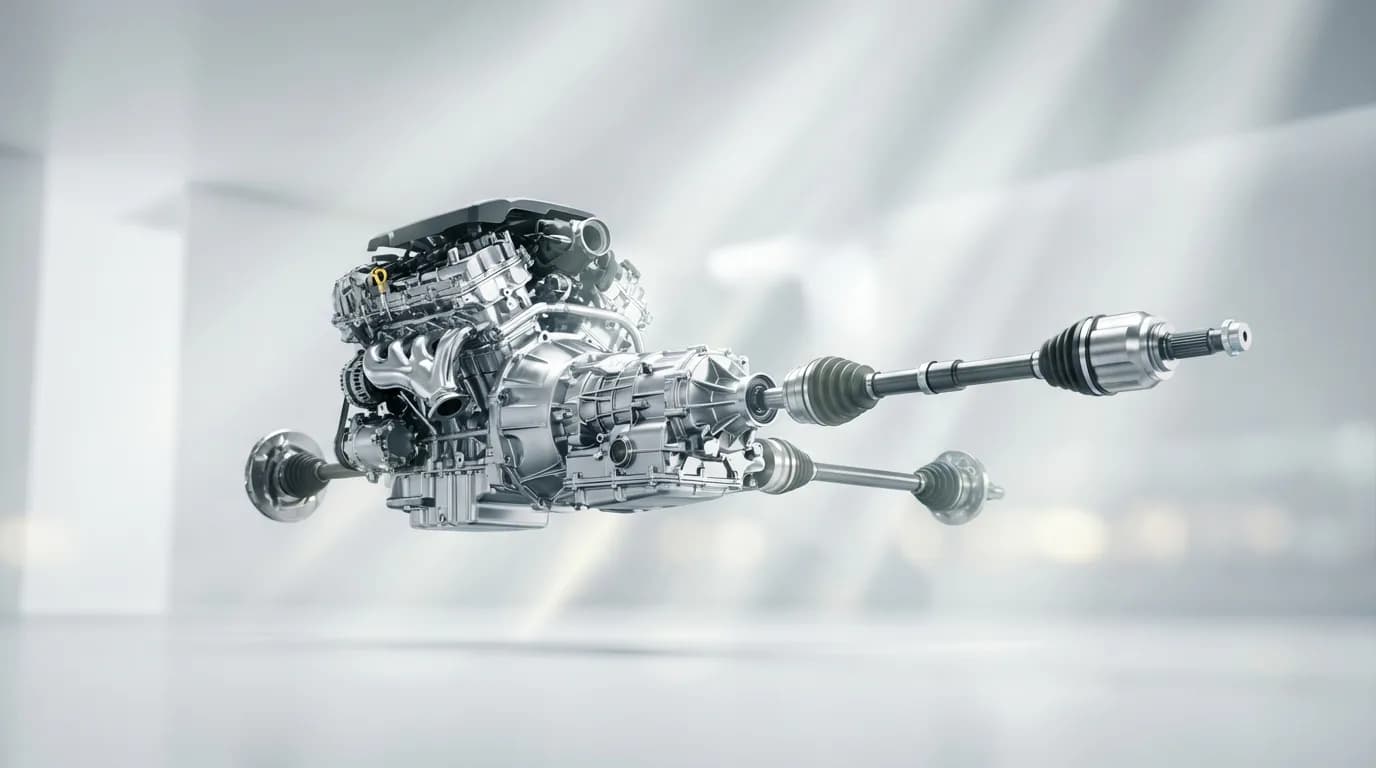 Vue éclatée cinématique d'un moteur, d'une boîte de vitesses et d'un pont, suspendus dans un studio épuré, illustrant la couverture de la garantie moteur boîte pont.