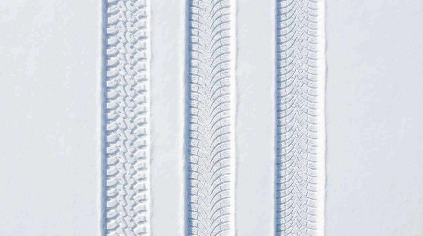 Comparatif de trois traces de pneus distinctes dans la neige fraîche, illustrant un test de performance entre différentes marques de pneus, dont Nokian.