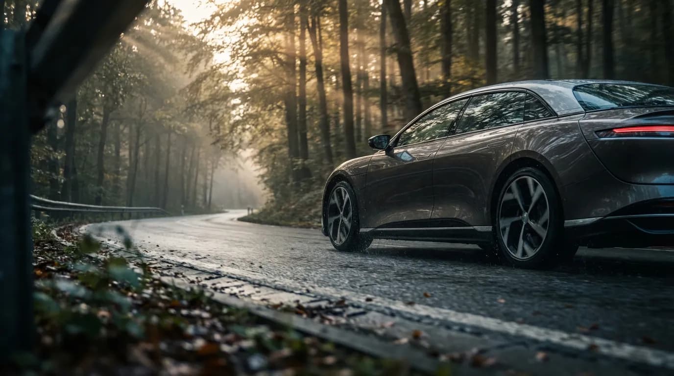 Une berline de luxe moderne roulant sur une route forestière sinueuse et humide, mettant en avant la performance des pneus Minerva sous une lumière cinématographique.