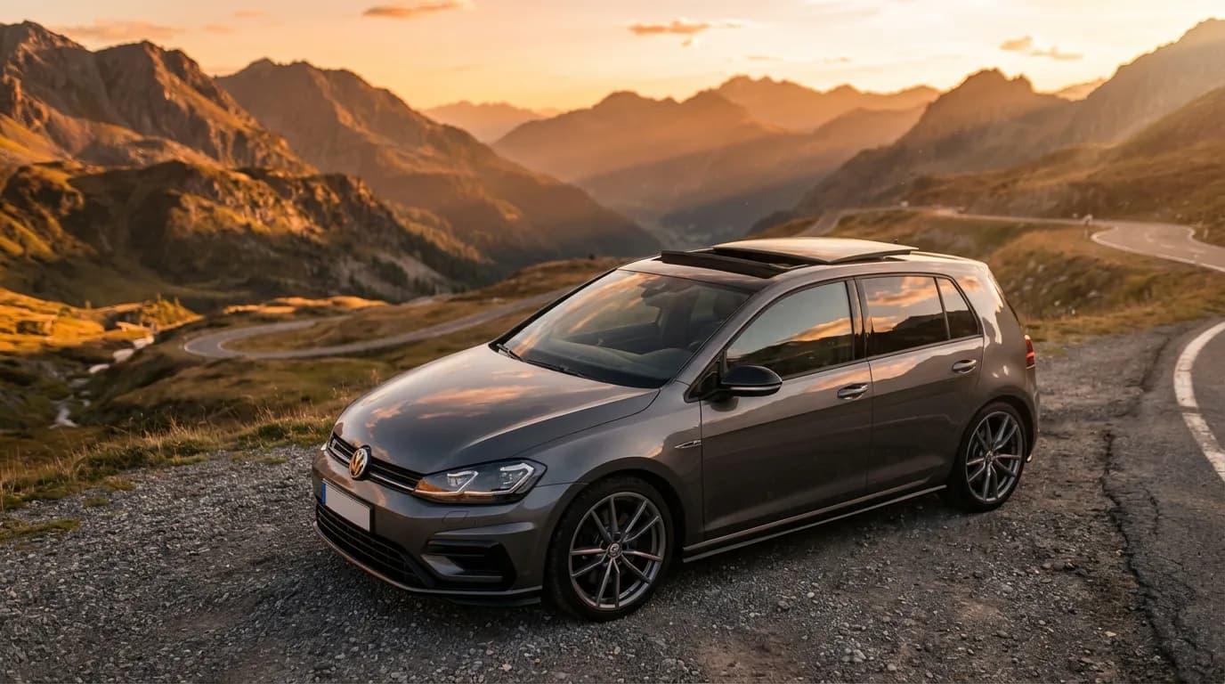 Vue panoramique d'une Volkswagen Golf 7 avec son toit ouvrant ouvert, face à un coucher de soleil spectaculaire en montagne.
