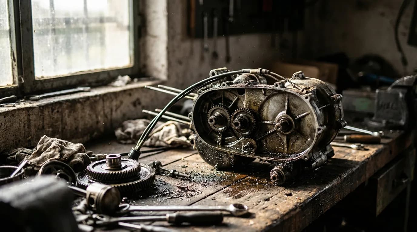 Moteur de scooter en cours de réparation sur un établi, illustrant la problématique des pièces détachées pour les scooters Baotian.