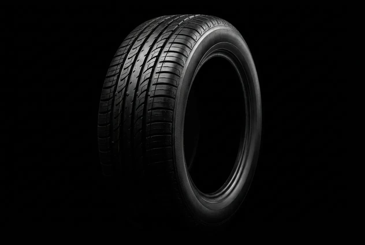 Gros plan en studio d'un pneu Minerva neuf, mettant en évidence le dessin de la bande de roulement sur un fond noir minimaliste.