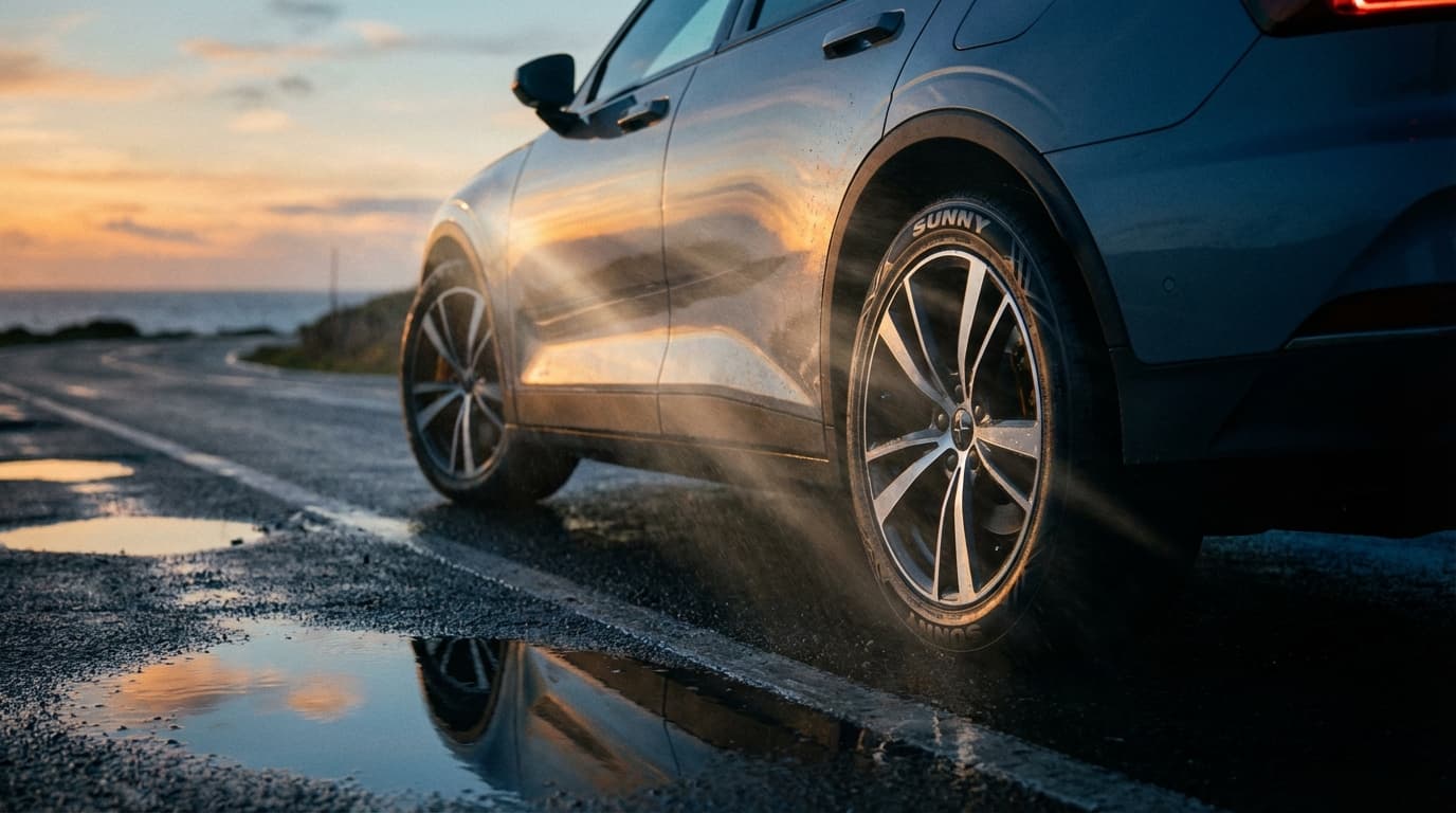 Voiture équipée de pneus Sunny roulant sur une route humide au crépuscule
