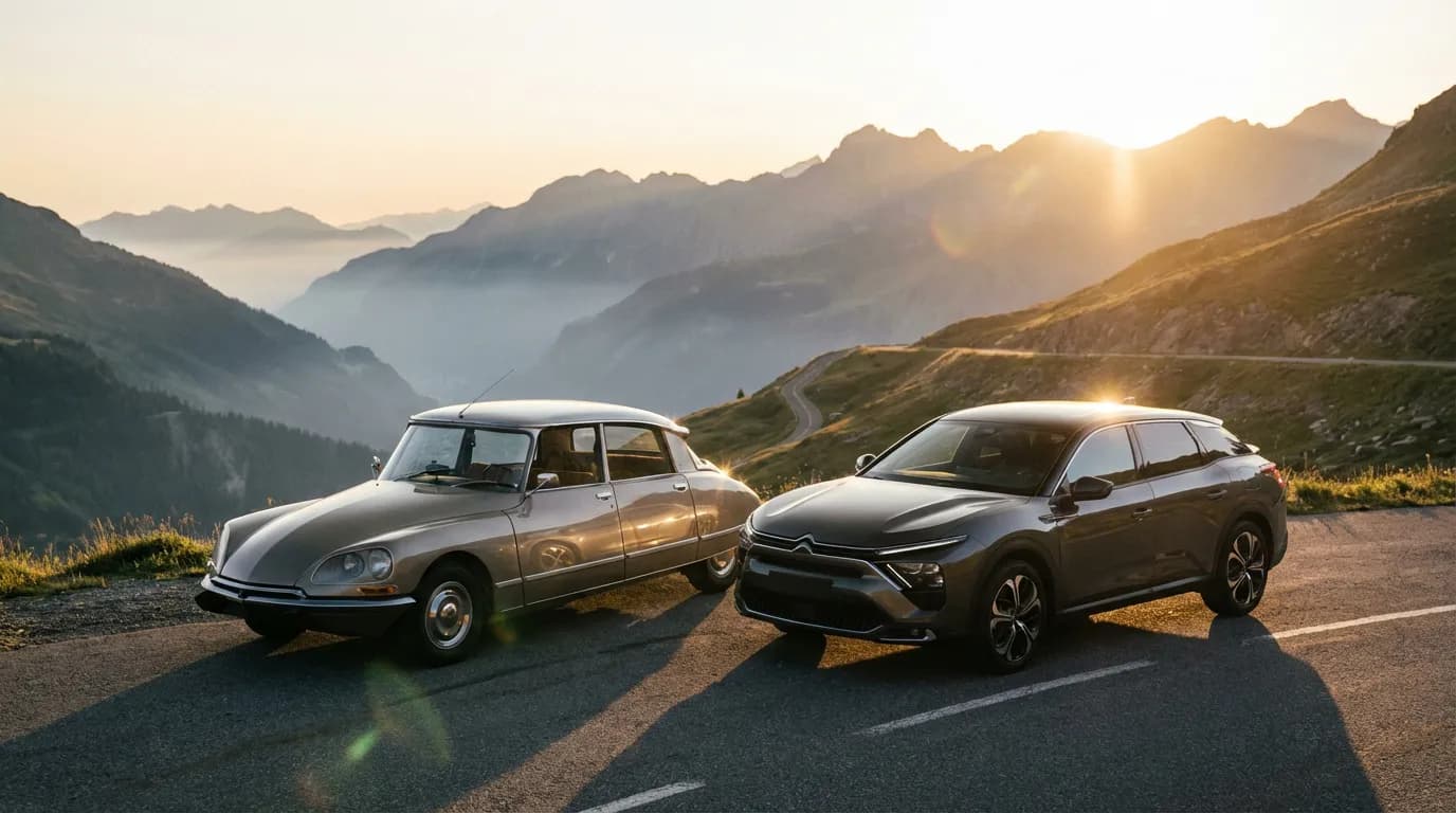 Un modèle classique de Citroën DS et une Citroën C5 X moderne côte à côte sur une route de montagne au coucher du soleil, symbolisant l'héritage et l'avenir de la marque.