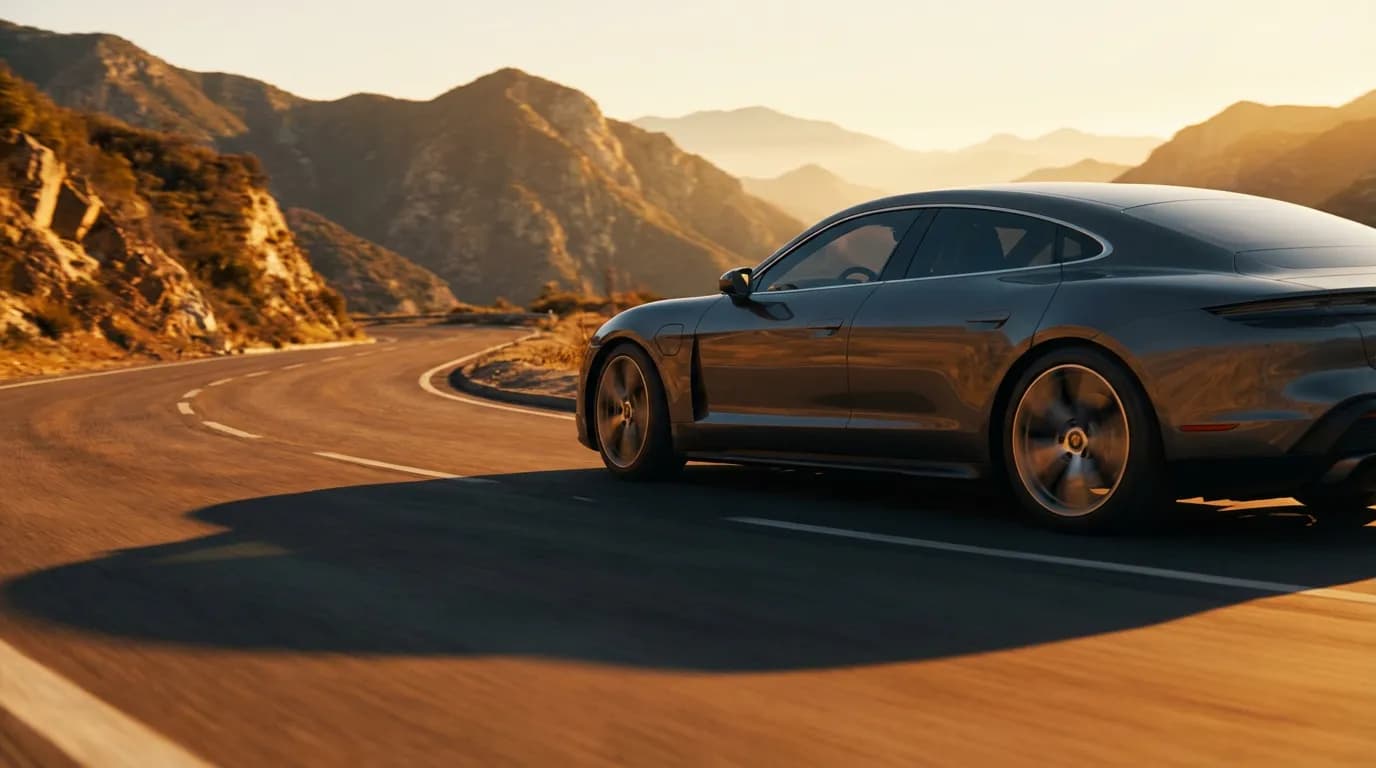 Une voiture de sport moderne roulant sur une route de montagne sinueuse au coucher du soleil, évoquant la performance et la qualité des pneus Nexen.