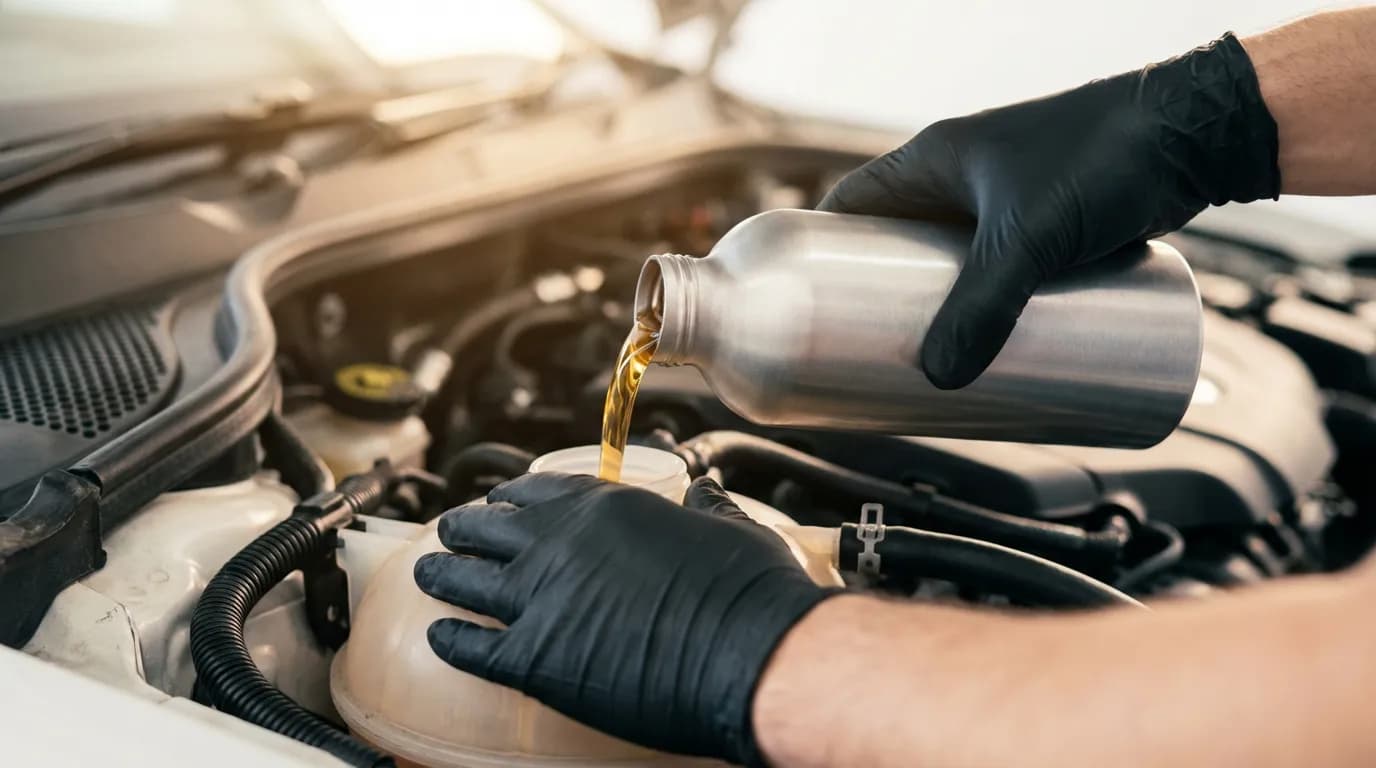 Illustration d'une personne versant un produit stop fuite dans le réservoir de liquide de refroidissement, étape clé d'un tutoriel.