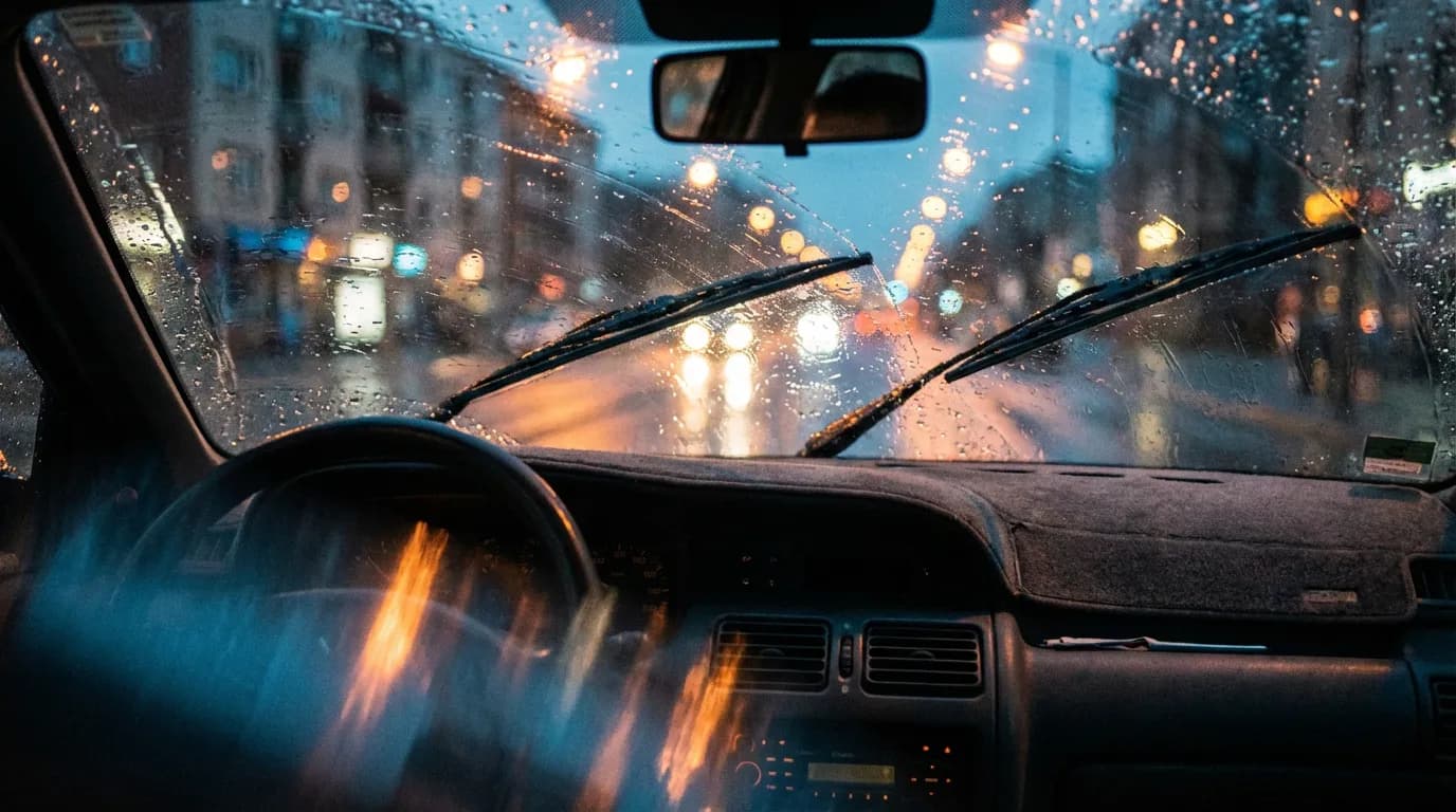 Vue cinématique depuis l'intérieur d'une Renault Clio 3 sous une pluie battante, avec les essuie-glaces en panne au milieu du pare-brise, illustrant le problème.