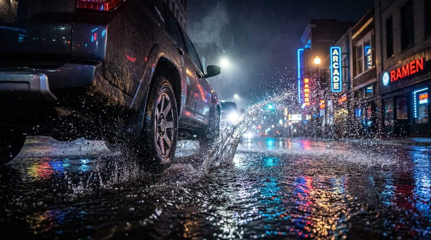 Pneu d'une voiture en pleine action sur une route de ville pluvieuse la nuit, démontrant l'excellente évacuation de l'eau et l'adhérence sur sol mouillé.