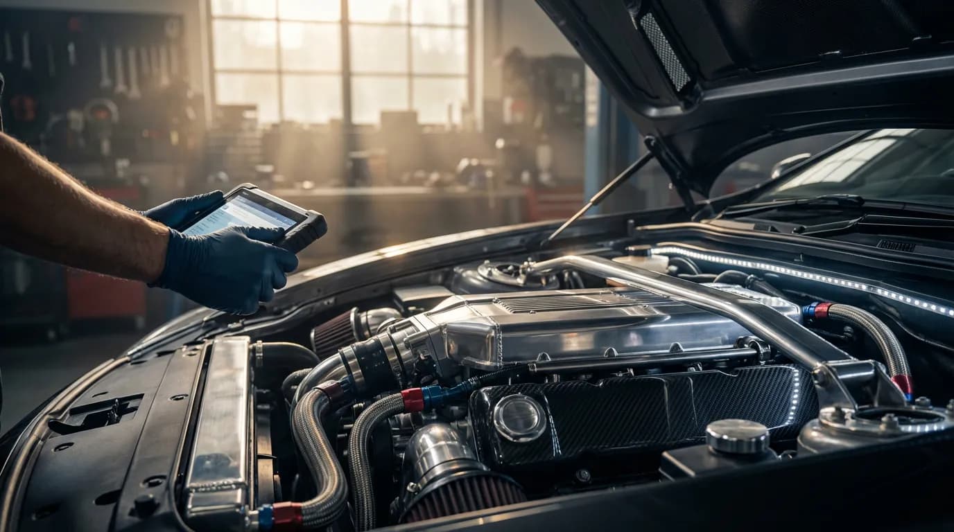 Bannière cinématique d'un compartiment moteur de voiture moderne où un mécanicien effectue un diagnostic, symbolisant la recherche de la cause du code erreur P0409.