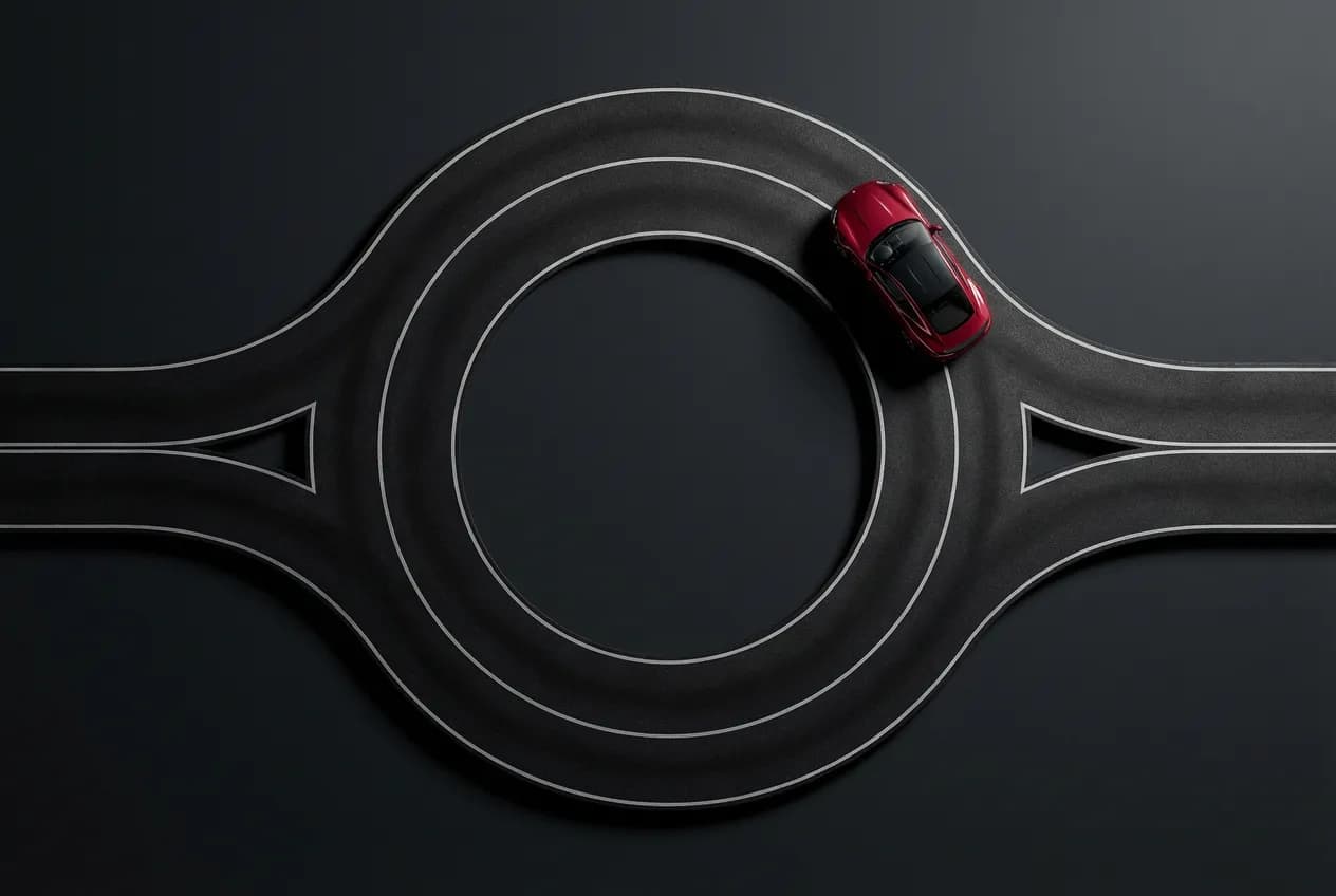 Vue de dessus minimaliste d'une voiture rouge parfaitement placée sur un rond-point à deux voies et deux sorties, symbolisant le bon positionnement.