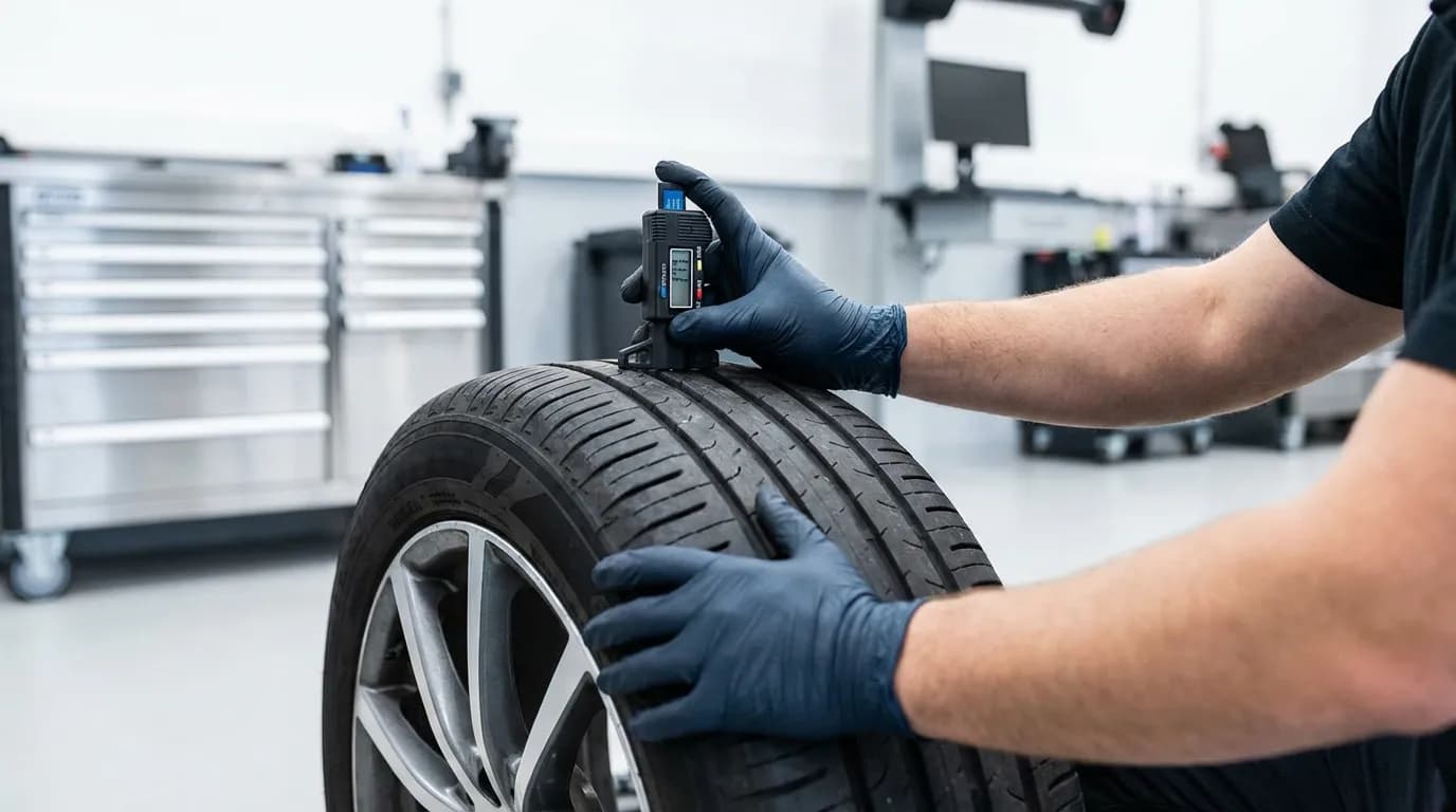 Un expert mécanicien vérifie avec précision la profondeur de la bande de roulement d'un pneu dans un garage moderne.