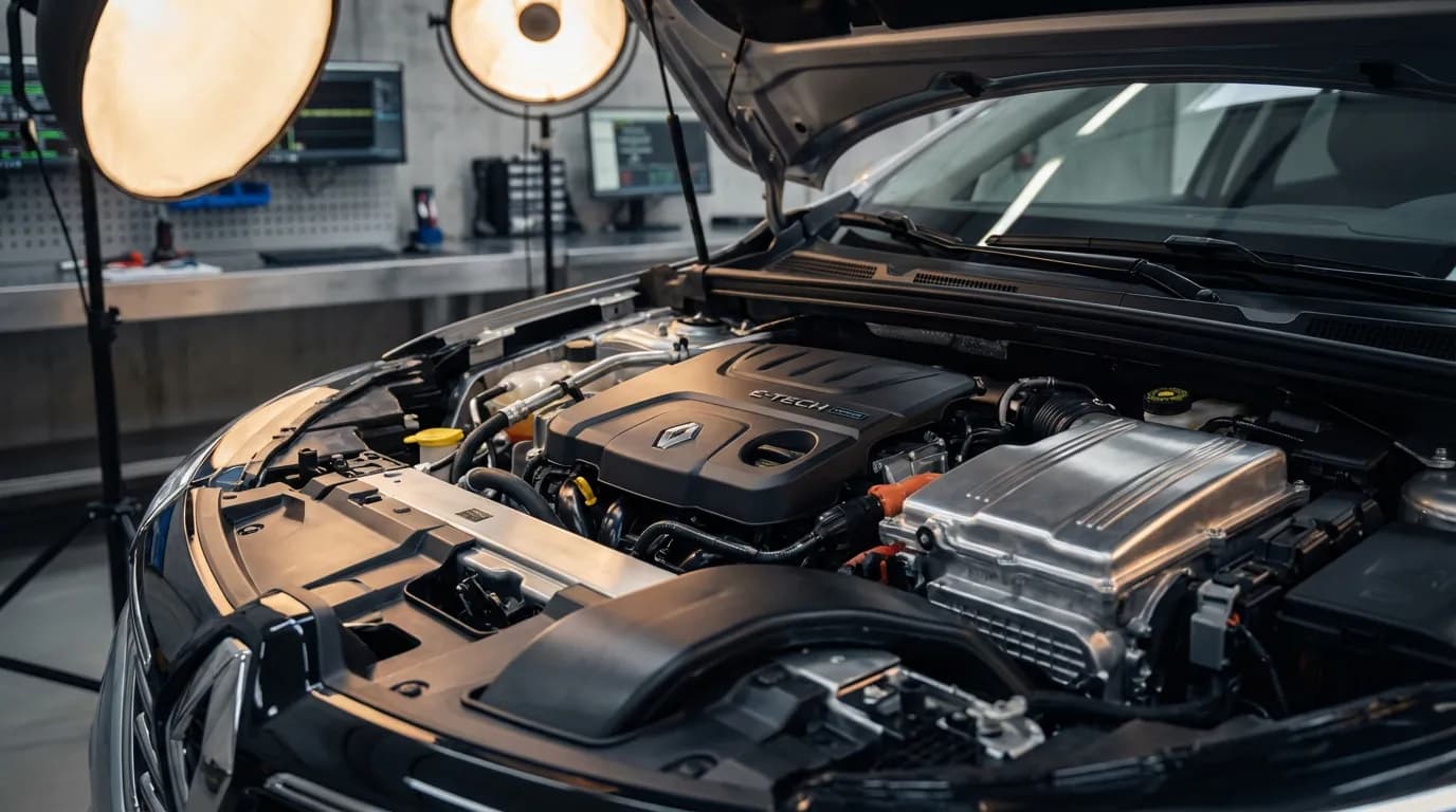 Vue cinématique et détaillée du moteur d'une voiture Renault moderne dans un atelier high-tech, évoquant la complexité du capteur 226322.