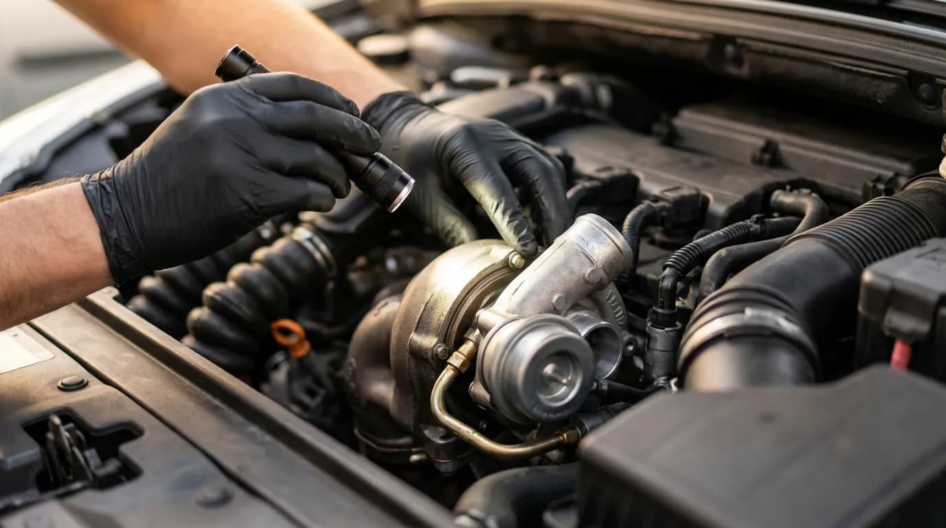 Illustration d'un mécanicien inspectant une panne potentielle sur le turbo d'un moteur 1.6 HDi, une des vérifications clés avant l'achat.