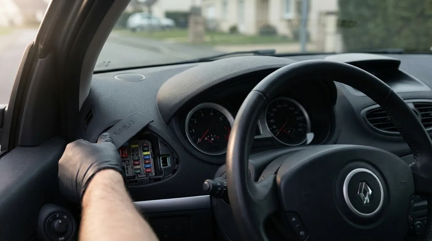 Vue intérieure d'une Clio 3 montrant l'emplacement de la boîte à fusibles et une main en train de l'ouvrir.