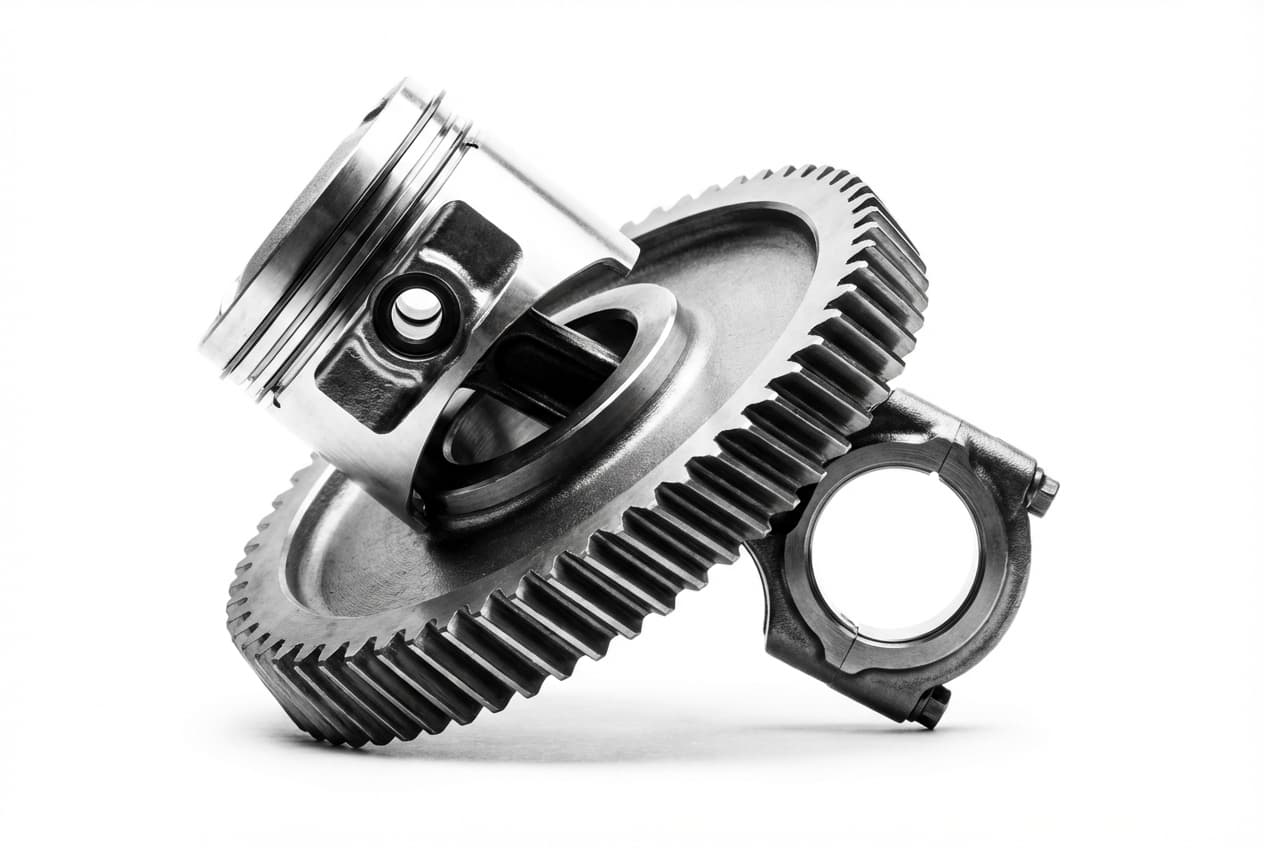 Icône minimaliste d'un piston et d'un engrenage sur fond blanc.