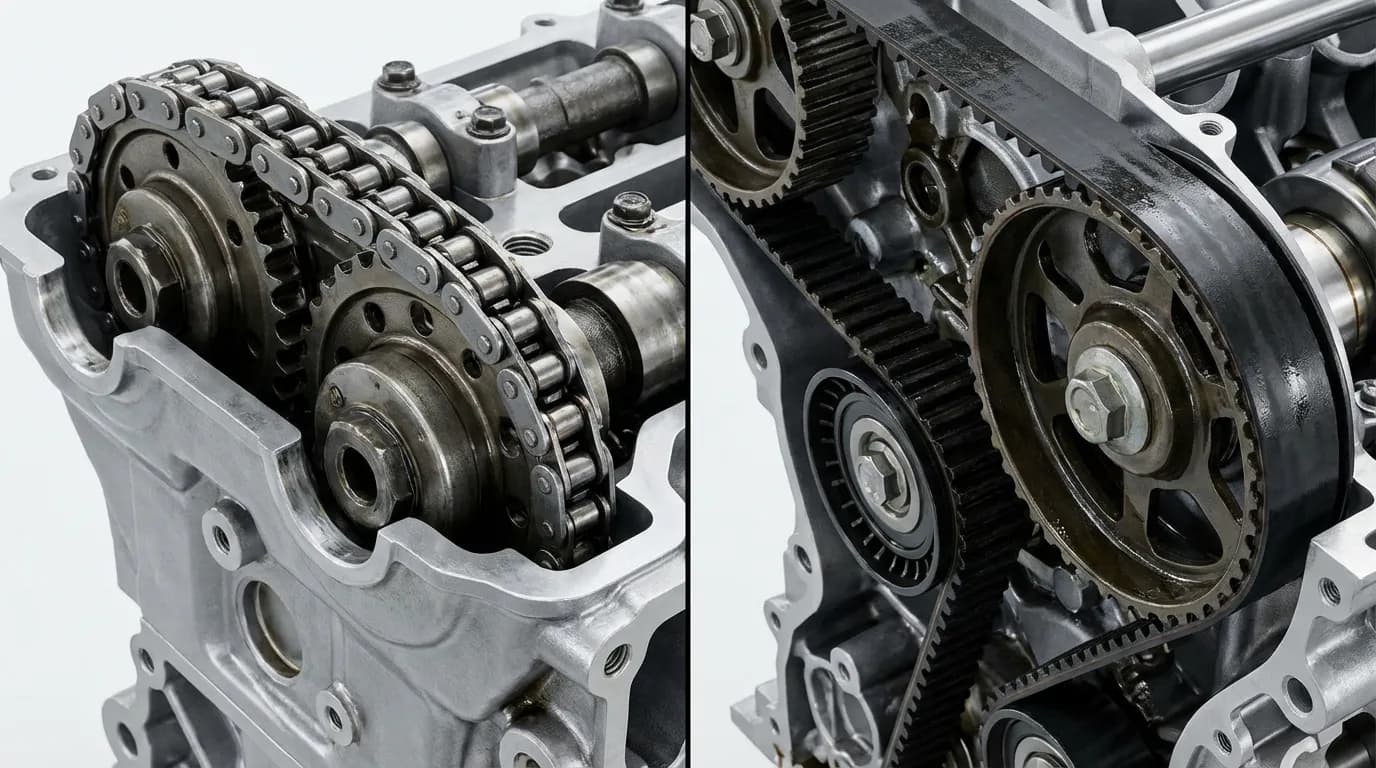 Comparaison visuelle côte à côte entre une chaîne de distribution métallique (type 1.6 PureTech) et une courroie de distribution humide en caoutchouc (type 1.2 PureTech).