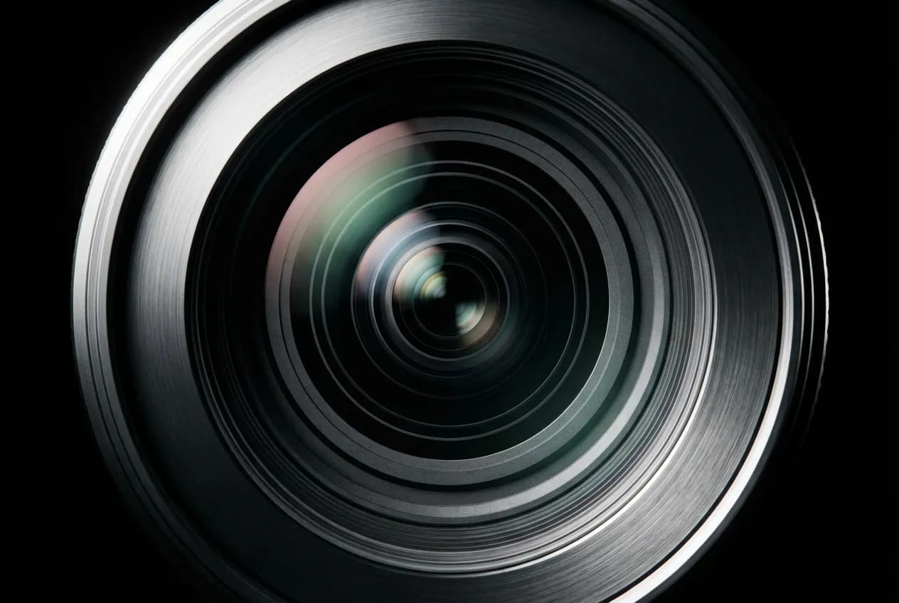 Gros plan minimaliste et à fort contraste de l'objectif d'un radar de vitesse, symbolisant la surveillance et la contravention.