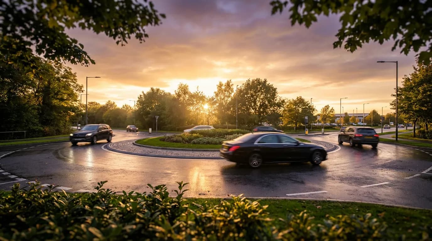 Vue cinématique et professionnelle d'un rond-point à deux voies au coucher du soleil, avec des voitures modernes circulant de manière fluide et sécurisée.
