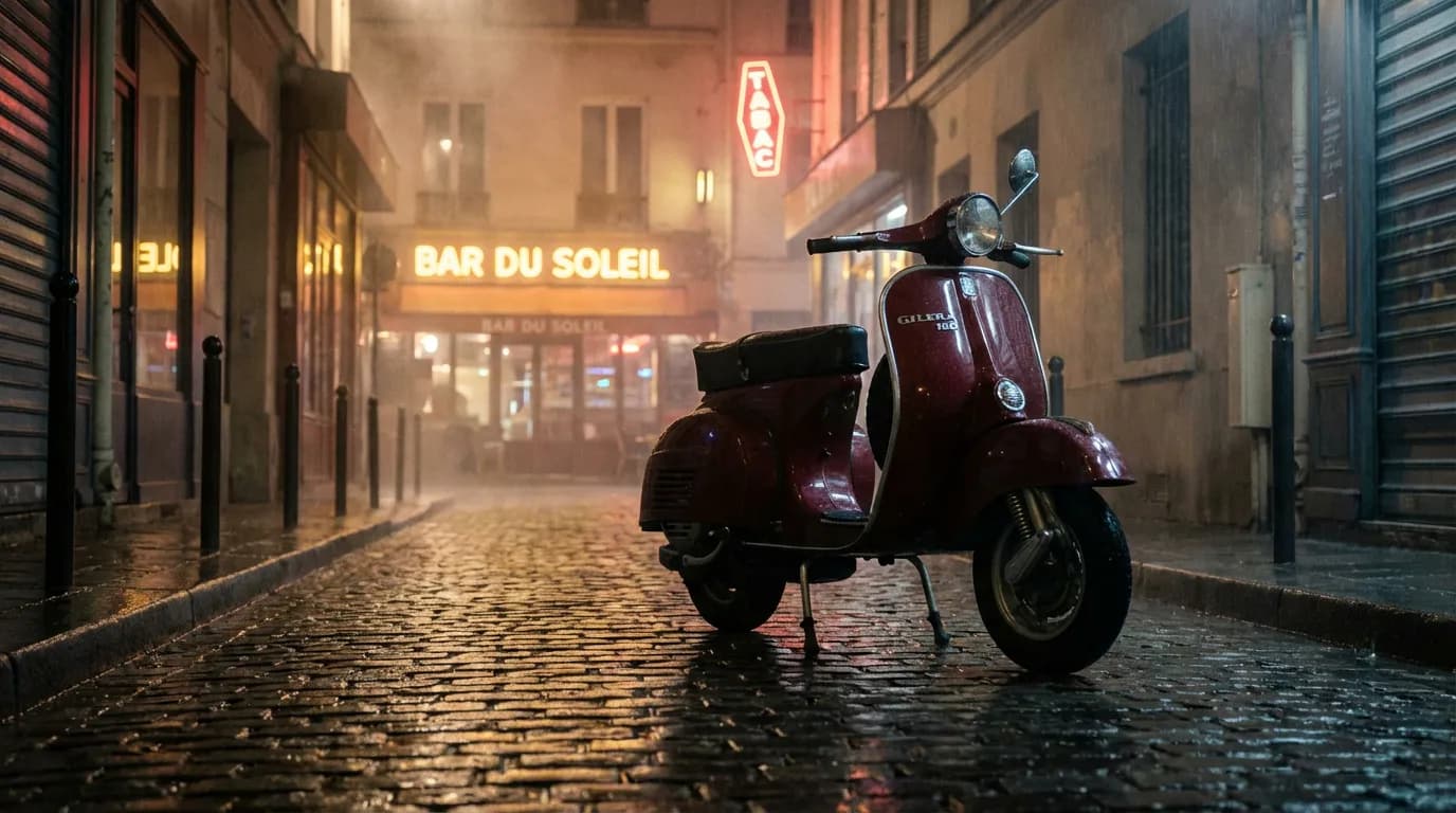 Un scooter Gilera Runner 180 garé dans une ruelle parisienne sombre et humide la nuit, symbolisant son statut controversé et interdit en France.