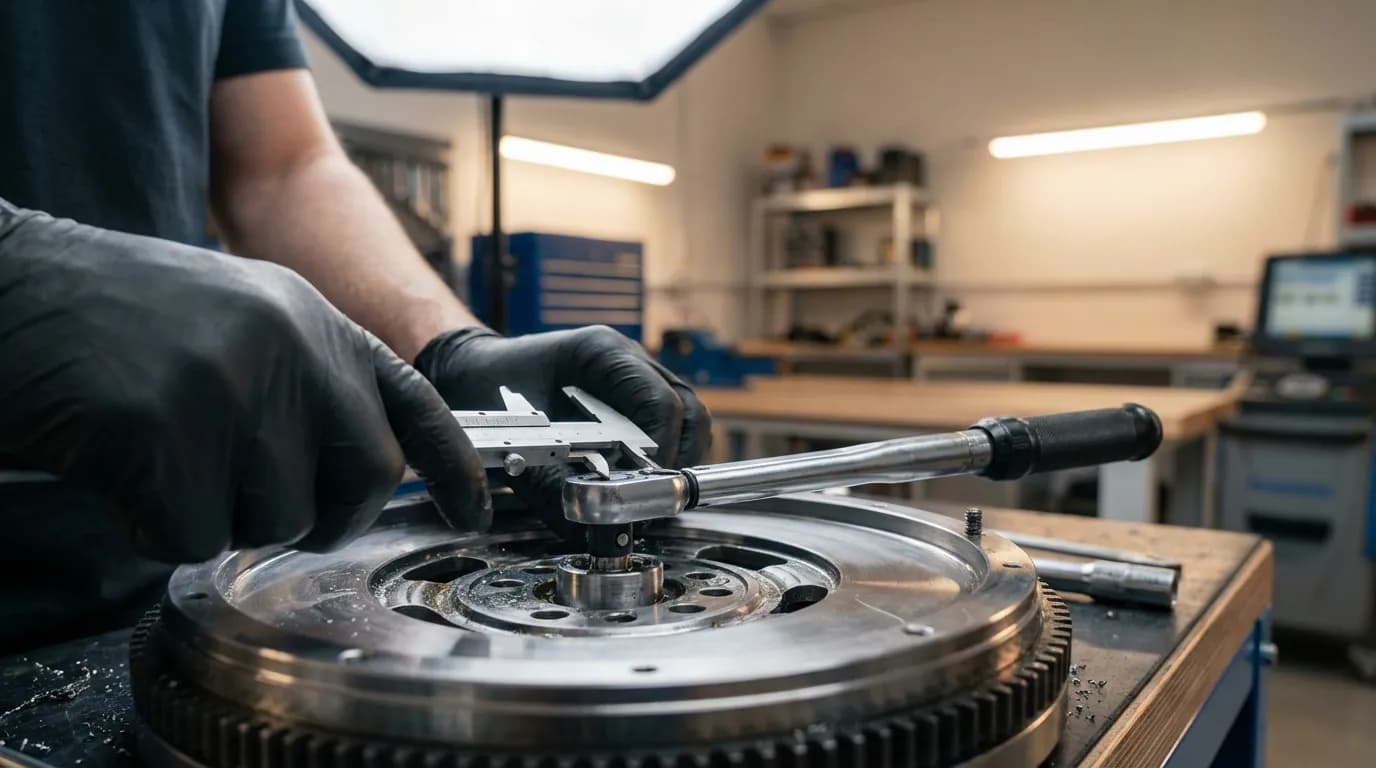 Illustration d'un mécanicien professionnel allégeant méticuleusement un volant moteur avec des outils spécialisés.