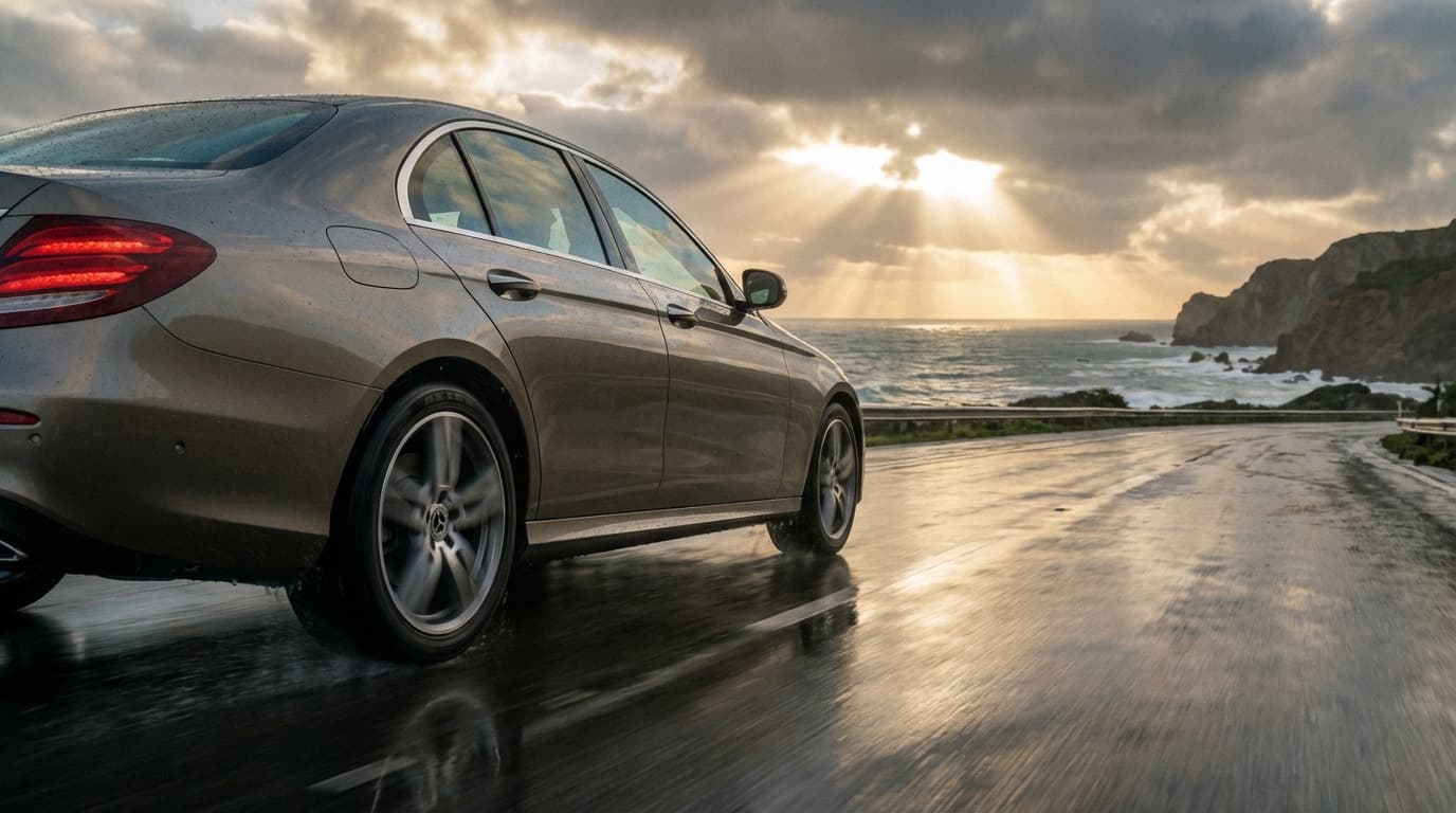 Voiture équipée de pneus Nexen sur une route humide au coucher du soleil.