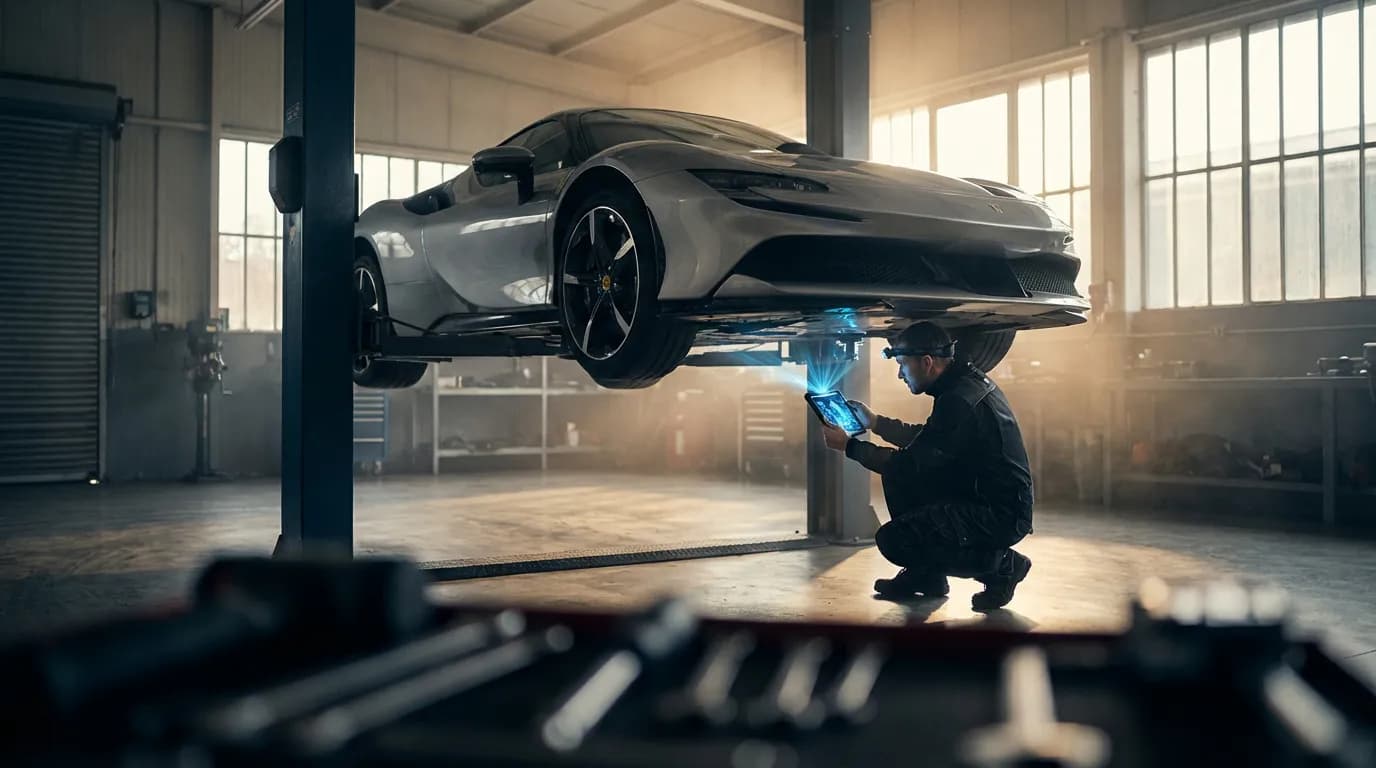 Expert en automobile effectuant une inspection de haute précision sur un véhicule dans un garage ultramoderne, illustrant la procédure de réparation contrôlée.