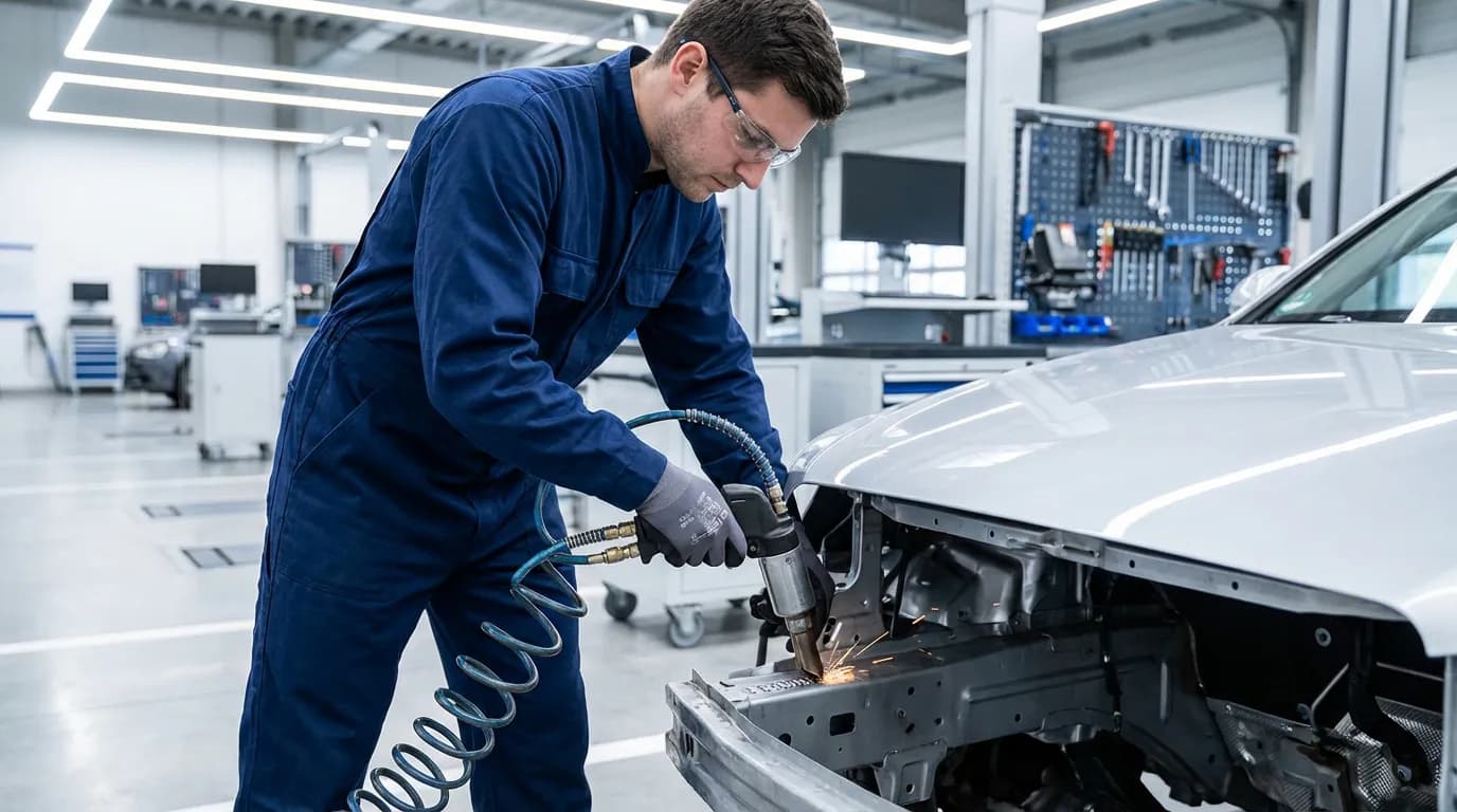 Technicien agréé effectuant une frappe à froid sur un châssis dans un centre de contrôle officiel et professionnel.