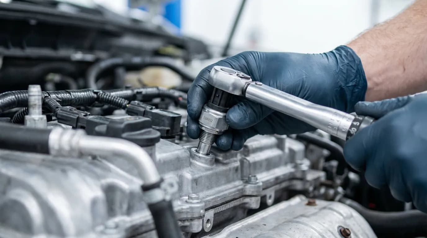 Guide de remplacement : mains d'un mécanicien installant avec précision le capteur Renault 226322 dans le bloc moteur.