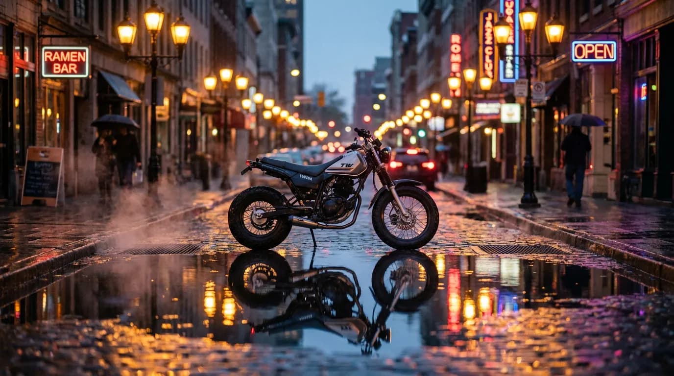 Bannière photographique d'une moto Yamaha TW 125 se détachant sur un décor urbain au crépuscule, avec des reflets de lumière sur l'asphalte mouillé.