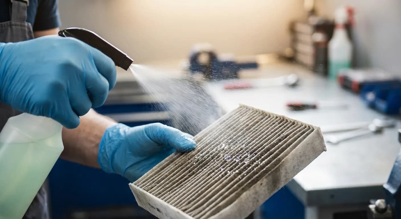 Gros plan hyper-réaliste d'un mécanicien pulvérisant un nettoyant sur un filtre à air de voiture sale, illustrant le processus de nettoyage étape par étape.