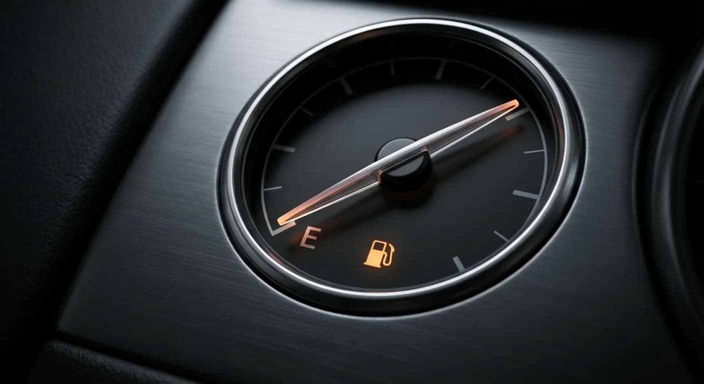 Gros plan minimaliste d'une jauge d'essence de voiture affichant un niveau très bas, le voyant de réserve allumé.
