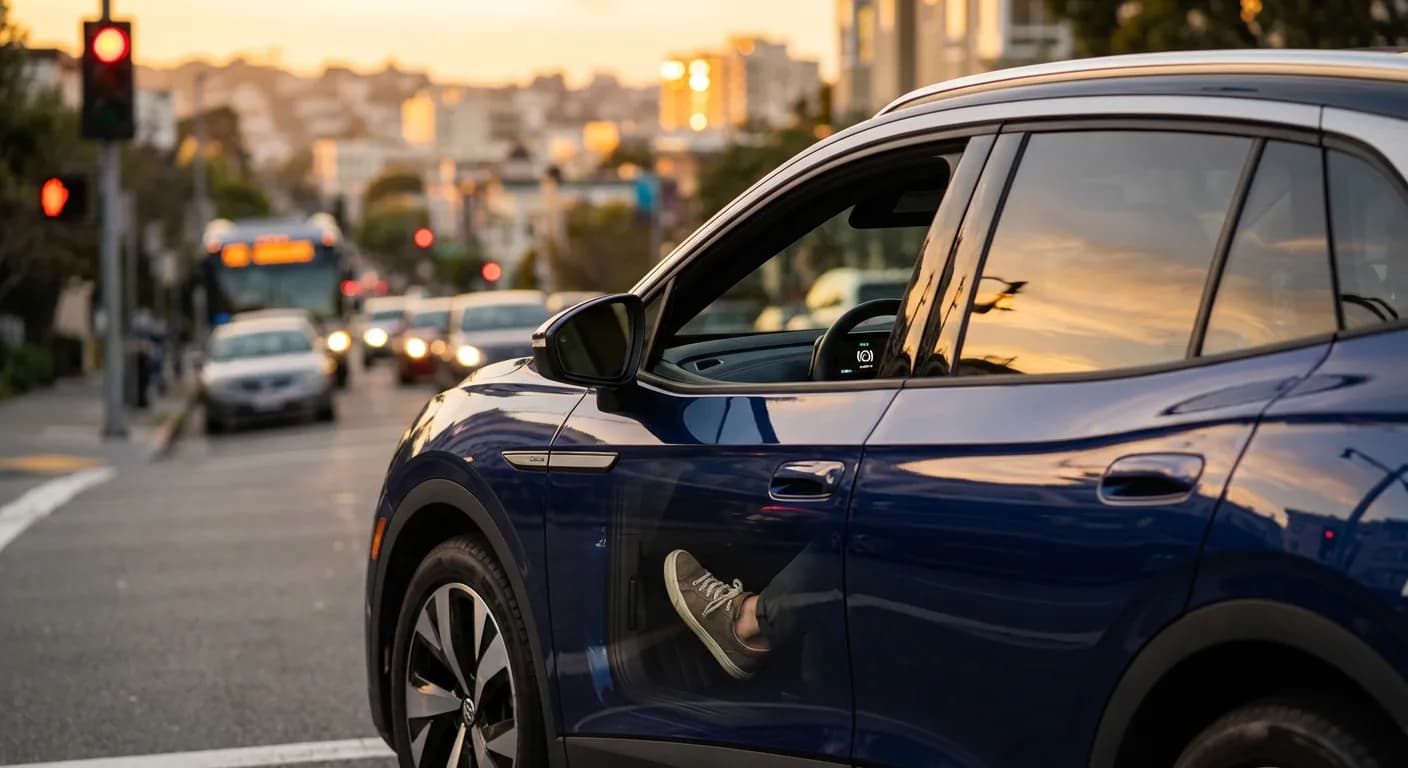 Volkswagen arrêtée en pente légère à un feu rouge, illustrant l'avantage de l'Auto Hold