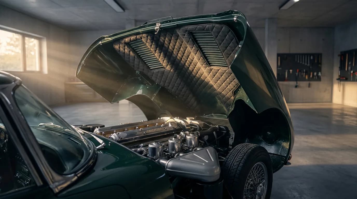 Vue cinématique d'un capot de voiture de sport ouvert, mettant en valeur l'isolant moteur dans un garage parfaitement éclairé, symbolisant une réparation de haute qualité.
