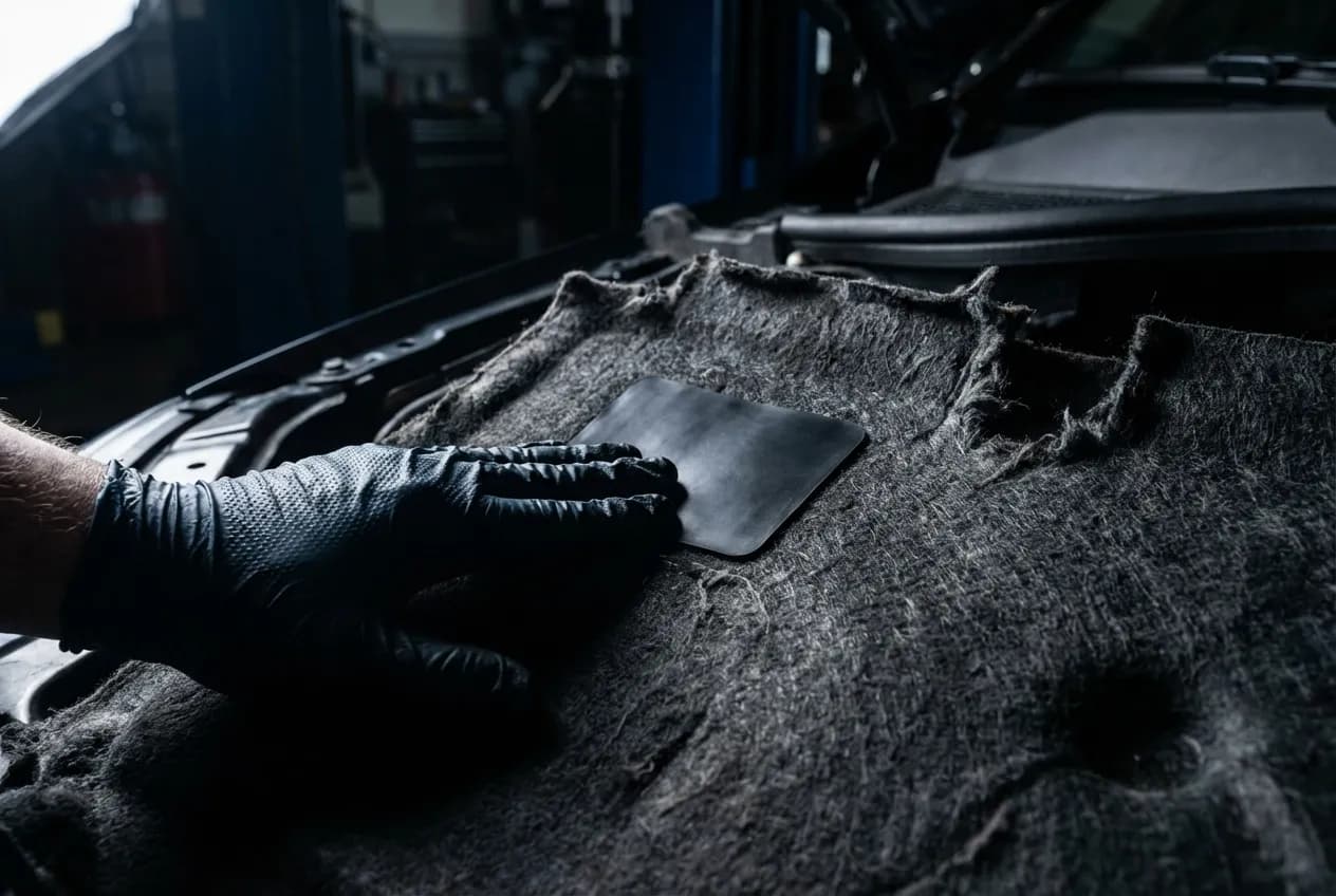 Gros plan sur une main gantée réparant l'isolant de capot moteur avec une rustine adhésive.