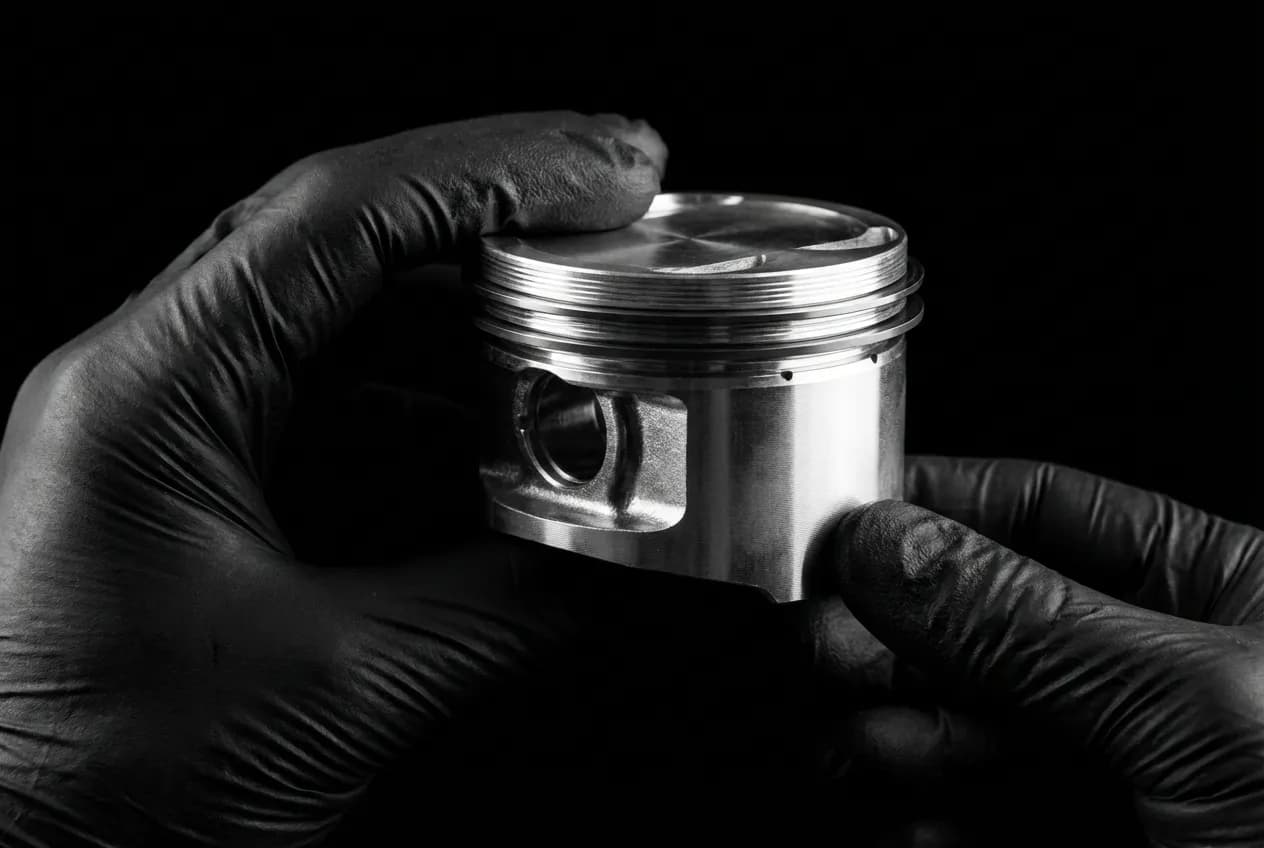 Casse Moteur Scenic 3 : Risques, Moteurs à Éviter & Coûts Gros plan iconique d'un piston de moteur tenu par un mécanicien, symbolisant les composants internes liés au risque de casse moteur du Scenic 3.