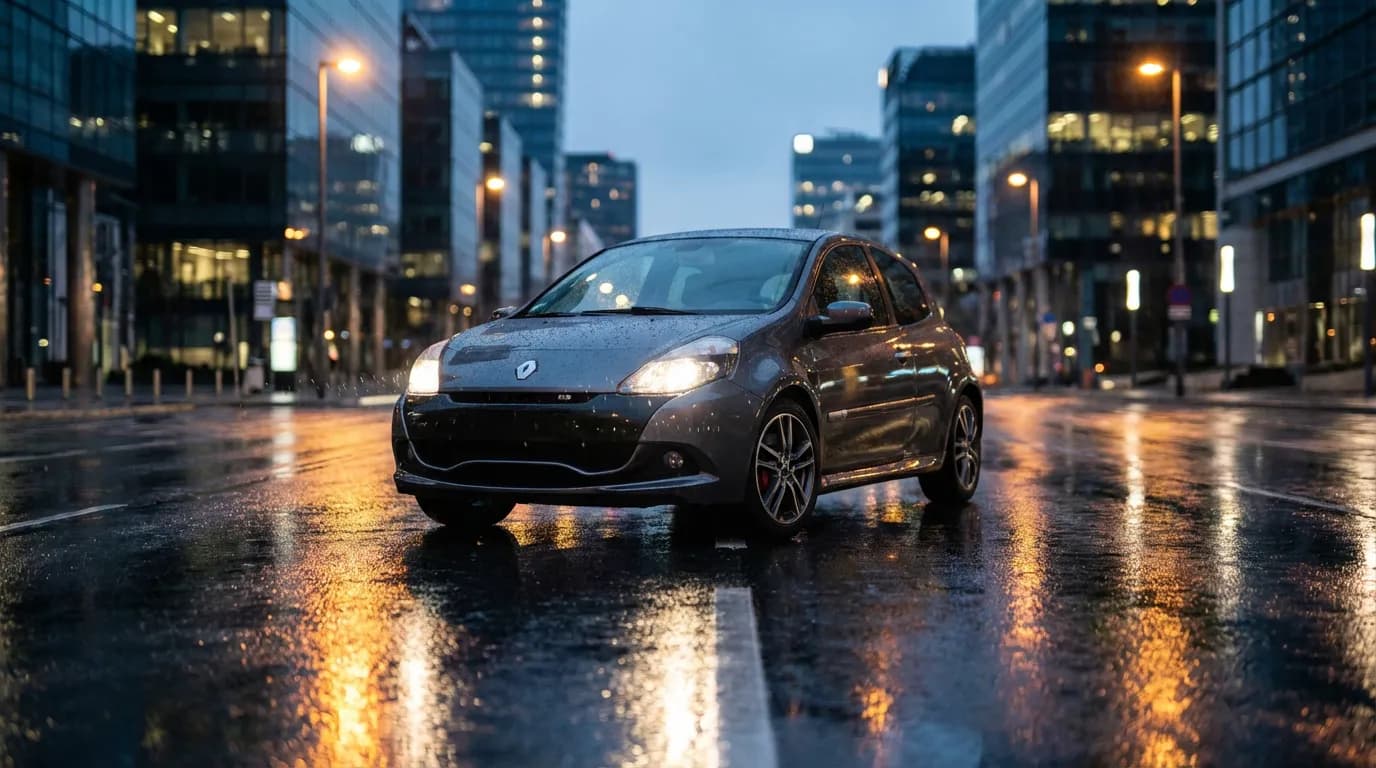 Renault Clio 3 automatique en ville Une Renault Clio 3 avec boîte automatique photographiée dans un décor urbain et élégant au crépuscule, mettant en valeur son design.