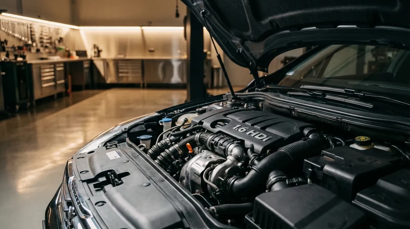 Moteur Peugeot 1.6 HDi en gros plan Vue cinématique et détaillée du moteur Peugeot 1.6 HDi dans un garage moderne, illustrant le sujet du code erreur P0490.