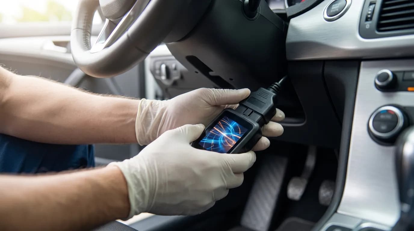 Diagnostic du code défaut P0093 Mécanicien effectuant un diagnostic électronique sur une Peugeot avec un outil OBD-II pour identifier la cause du code P0093.