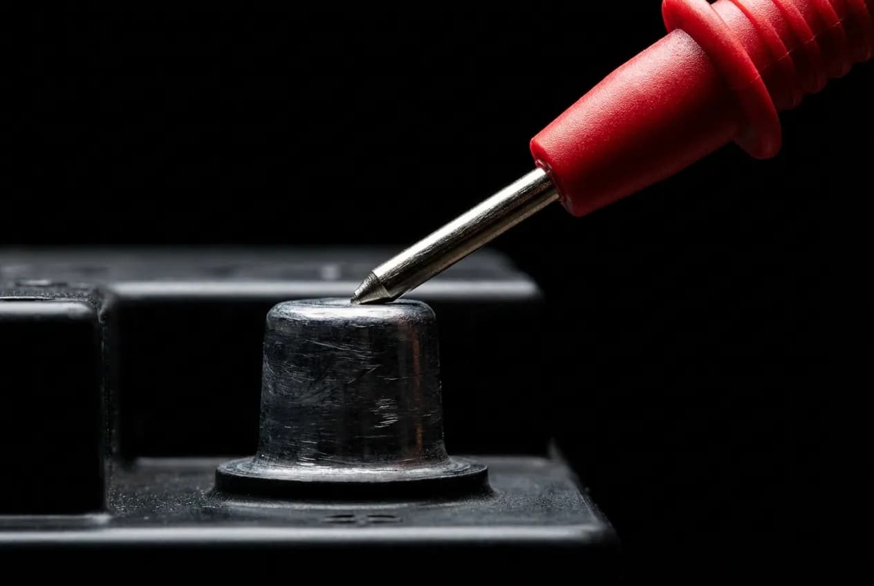 Charge batterie ou alimentation défaillante ? Le diagnostic Gros plan d'une sonde de multimètre rouge touchant la cosse positive d'une batterie de voiture, illustrant le test du système électrique.